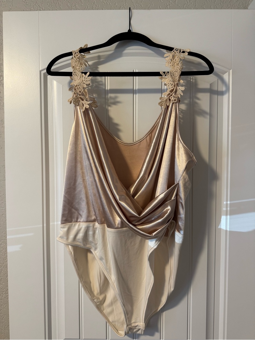 Lace Floral Trim Satin Bodysuit in Champagne - Women Intimates